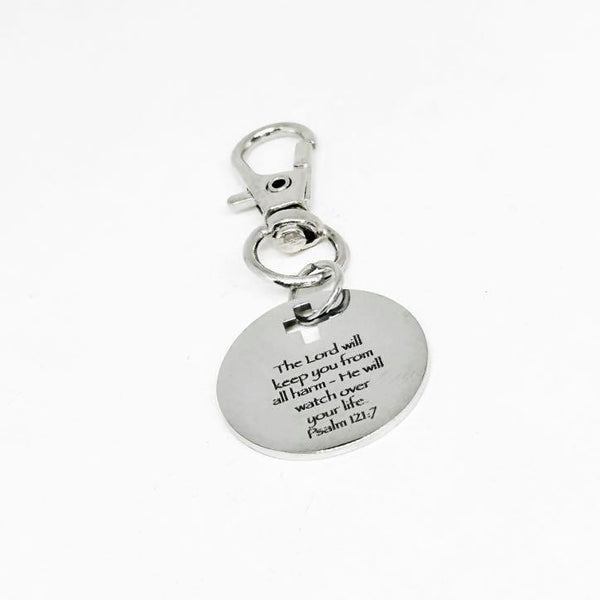 Psalm 121:7 Clip On Charm Stainless Steel Engraved Bible Verse Keychain With Cross Cut Out Christian Faith Gift