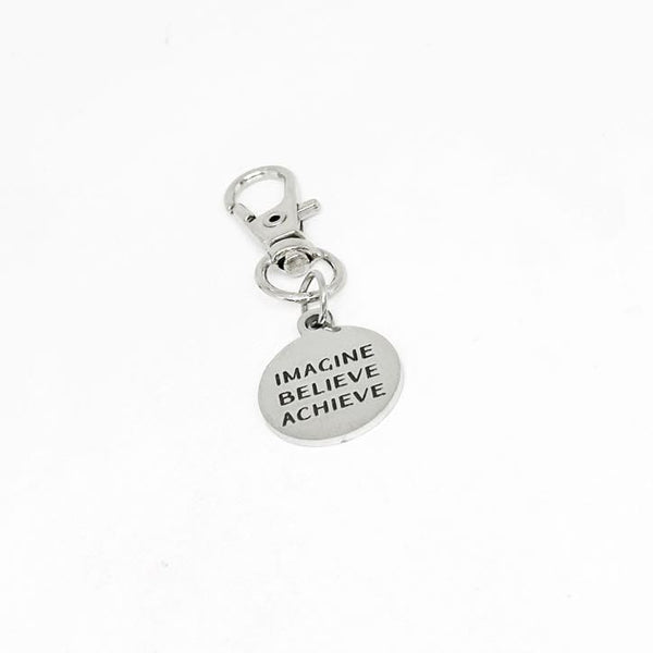 Imagine Believe Achieve Clip On Charm Stainless Steel Engraved Inspirational Keychain Motivational Gift