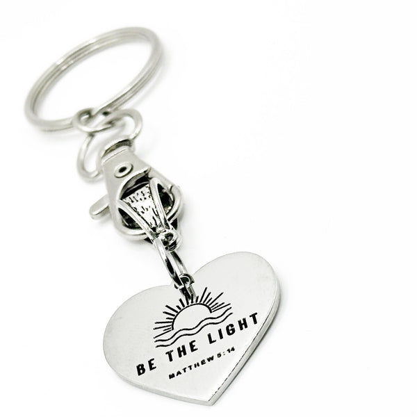 Be The Light Matthew 5 14 Stainless Steel Engraved Heart Charm Keychain Christian Faith Inspirational Religious Scripture Gift