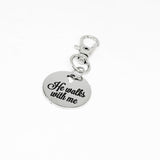 He Walks With Me Stainless Steel Clip On Charm Christian Keychain Purse Charm Faith Gift Religious Accessory Cross Cut Out Engraved
