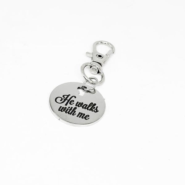 He Walks With Me Stainless Steel Clip On Charm Christian Keychain Purse Charm Faith Gift Religious Accessory Cross Cut Out Engraved