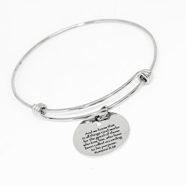 Romans 8 28 Bible Verse Bracelet Stainless Steel Engraved Charm Christian Gift Faith Jewelry Scripture Bangle Cross Cutout Bracelet