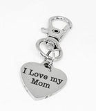 I Love My Mom Stainless Steel Engraved Heart Clip On Charm Gift For Mom Mothers Day Keychain Purse Zipper Pull Jewelry Accessory
