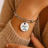 Jesus Is My King Bracelet Stainless Steel Engraved Faith Bangle With Cross Cut Out Christian Jewelry Gift For Women Religious Accessory