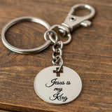 Jesus Is My King Keychain Stainless Steel Engraved Charm With Cross Cut Out Christian Gift From JKCE Designs Faith Inspired Accessory