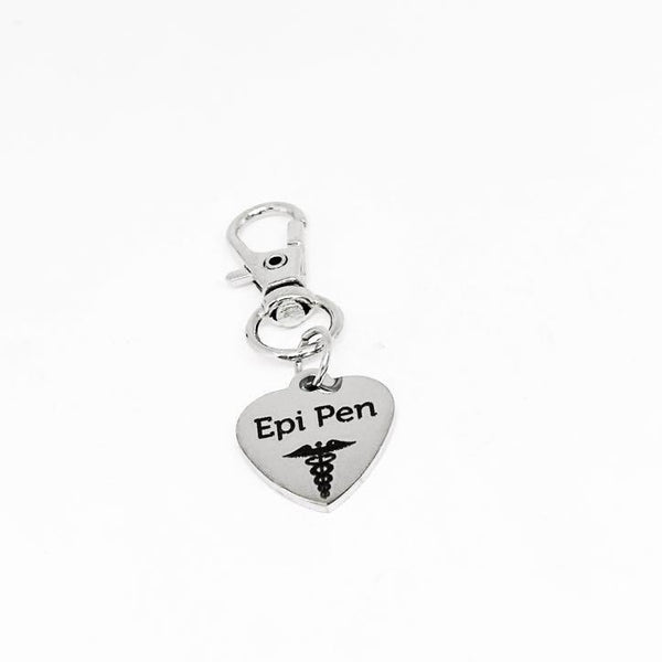 Epi Pen Clip On Charm Stainless Steel Medical Alert Heart Keychain Allergy Safety Tag