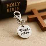 He Walks With Me Stainless Steel Clip On Charm Christian Keychain Purse Charm Faith Gift Religious Accessory Cross Cut Out Engraved