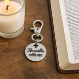 He Walks With Me Stainless Steel Clip On Charm Christian Keychain Purse Charm Faith Gift Religious Accessory Cross Cut Out Engraved