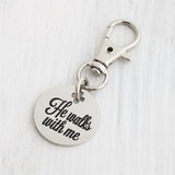 He Walks With Me Stainless Steel Clip On Charm Christian Keychain Purse Charm Faith Gift Religious Accessory Cross Cut Out Engraved