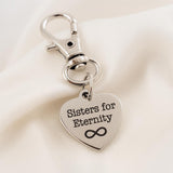 Sisters For Eternity Infinity Symbol Clip On Charm Stainless Steel Heart Engraved Friendship Charm Gift For Sister 19mm Keychain