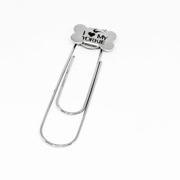 I Love My Yorkie Paperclip Bookmark Stainless Steel Engraved Dog Bone Charm