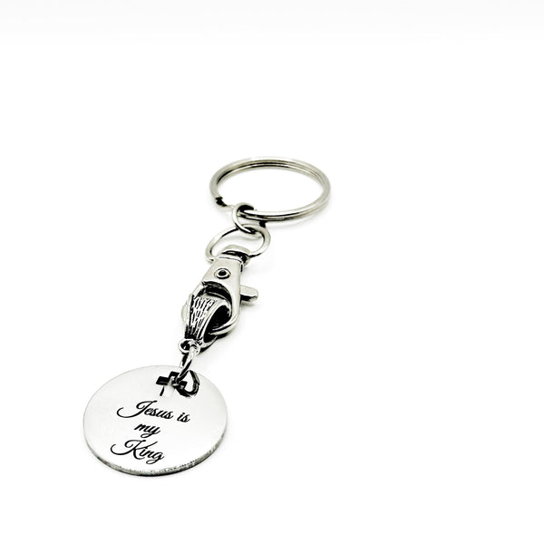 Jesus Is My King Keychain Stainless Steel Engraved Charm With Cross Cut Out Christian Faith Gift From JKCE Designs Religious Accessory
