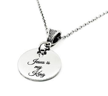 Jesus Is My King Necklace Stainless Steel Engraved Pendant With Cross Cut Out Christian Faith Jewelry From JKCE Designs Inspirational Gift