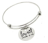 Loved John 3 16 Stainless Steel Engraved Charm Bracelet Christian Faith Expanding Bangle