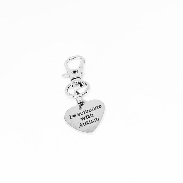 I Love Someone With Autism Stainless Steel Heart Engraved Clip On Charm Keychain Gift