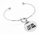 Let Go Let God Cuff Bracelet Faith Jewelry Silver Tone Adjustable Bracelet Stainless Steel Engraved Charm Christian Gift