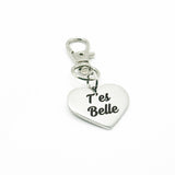 T'es Belle Clip On Charm Stainless Steel Heart Engraved Love Charm Gift For Her Bag Zipper Planner Purse Charm