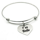 T'es Belle Bracelet Stainless Steel Expanding Bangle Heart Engraved Love Gift For Her Minimalist Jewelry