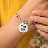 Cest Bon French Quote Bracelet Stainless Steel Expanding Bangle Engraved Charm Minimalist Happy Gift For Her