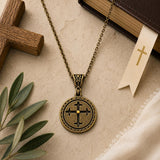 Round Mustard Seed Cross Antique Bronze Necklace