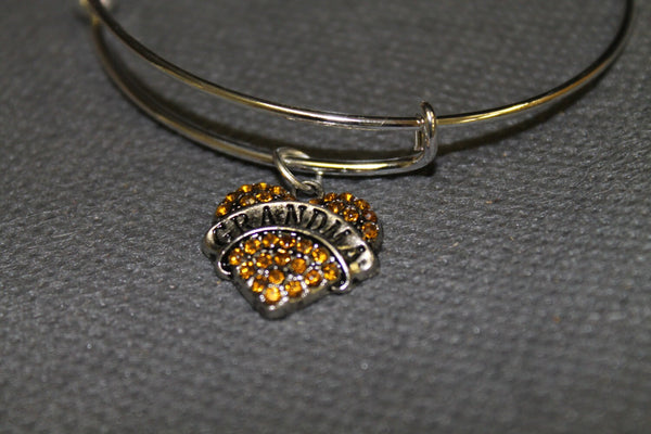 Grandma Heart Orange Crystal Charm Expanding Bangle Bracelet