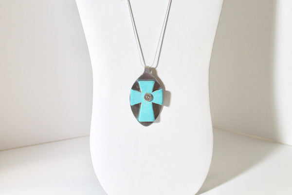 Spoon Art Turquoise Cross With 9mm Bullet Head on Silver Chain, Flatware Jewelry, Gift For Her, Valentines Day Gift, Southwestern
