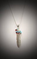 Silver Feather Turquoise and Red Pendant on Silver Chain, Southwestern Style, Gift For Her, Valentines Gift, Girlfriend Gift