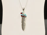 Silver Feather Turquoise and Red Pendant on Silver Chain, Southwestern Style, Gift For Her, Valentines Gift, Girlfriend Gift