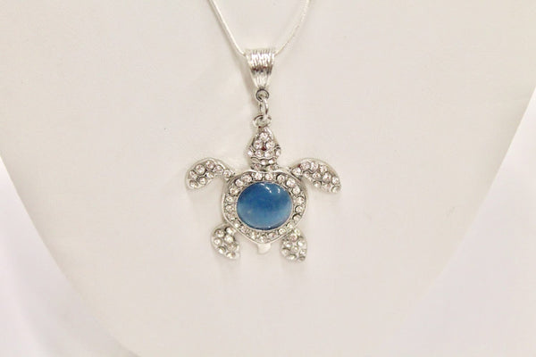 Blue Stone Silver Turtle Pendant on Silver Chain, Turtle Necklace, Turtle Jewelry, Sealife Jewelry, Sparkly Turtle, Gift For Her