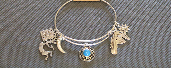 Southwestern Style Expandable Charm Bracelet, Turquoise and Silver Charms, Feather Charm, Southwestern Style, Country Western Style