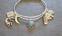 Southwestern Style Expandable Charm Bracelet, Turquoise and Silver Charms, Feather Charm, Southwestern Style, Country Western Style