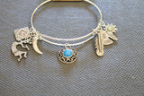 Southwestern Style Expandable Charm Bracelet, Turquoise and Silver Charms, Feather Charm, Southwestern Style, Country Western Style