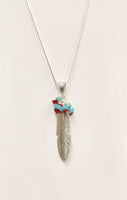 Silver Feather Turquoise and Red Pendant on Silver Chain, Southwestern Style, Gift For Her, Valentines Gift, Girlfriend Gift