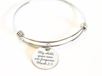 My Child Your Sins Are Forgiven Mark 2:5 Expanding Bangle Charm Bracelet, Bible Verse Jewelry Gift, Gift for Her, Baptism Gift, Confirmation