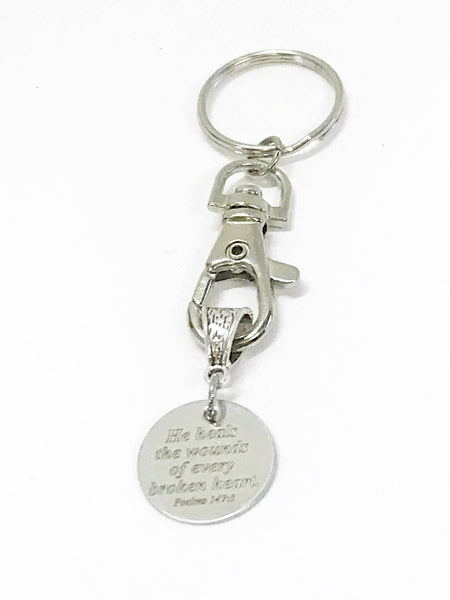 He Heals The Wounds Of Every Broken Heart Keychain, Psalm 147:3 Bible Verse Gift for Her, Christian Sympathy Gift, Mourning Condolence Gift