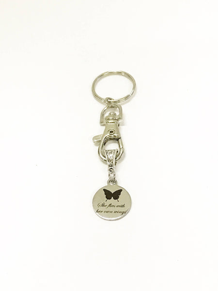 She Flies With Her Own Wings Butterfly Keychain, Encouragement Gift for Her, New Car Gift For Daughter, Going To College Gift, Motivational