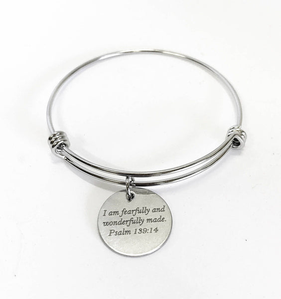 I Am Fearfully And Wonderfully Made Psalm 139:14 Scripture Expanding Bangle Charm Bracelet, Bible Verse Jewelry, Graduation Gift for Her