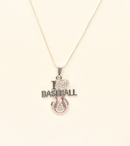 I Love Baseball Rhinestone Pendant on Silver Chain, Baseball Jewelry Gift For Her, Baseball Fan Jewelry for Wife, Baseball Necklace
