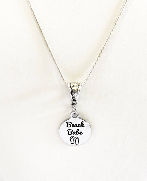 Beach Babe SS Engraved Pendant Necklace, Beach Lover Gift, Spring Jewelry Gift For Her, Summer Fun Jewelry, Girlfriend Trip Gift, Wife Gift