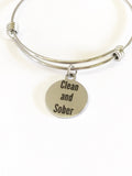 Clean And Sober Expanding Bangle Charm Bracelet Gift, Recovery Motivational Jewelry Gift for Her, Addiction Recovery Gift For Him