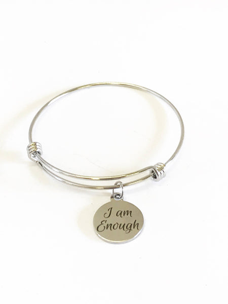 I Am Enough Stackable Expanding Bangle Charm Bracelet, Encouragement Gift, Motivational Gift, Divorce Gift for Her, Mindfulness Strong Woman