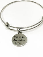 And So The Adventure Begins Expanding Bangle Charm Bracelet, Stacking Bangle, Stackable Bracelet, New Job Gift For Her, Direct Sales Team