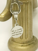 She Is Clothed With Strength And Dignity Keychain, New Car Gift For Daughter, Scripture Keychain, Proverbs 31:25 Bible Verse Keychain Gift