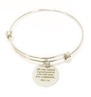 He Who Started A Good Work In You Will Carry It To Completion Scripture Bangle, Stacking Bangle, Phillipians 1:4 Bible Verse Jewelry Gift