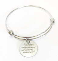 Love The Lord Your God With All Your Heart, All Your Soul, and All Your Mind Expanding Bangle Charm Bracelet, Matt 22:37 Scripture Bracelet