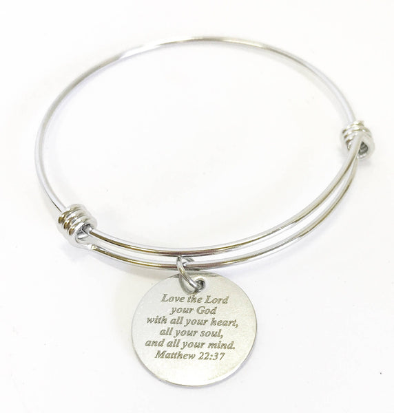 Love The Lord Your God With All Your Heart, All Your Soul, and All Your Mind Expanding Bangle Charm Bracelet, Matt 22:37 Scripture Bracelet