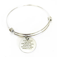 Love The Lord Your God With All Your Heart, All Your Soul, and All Your Mind Expanding Bangle Charm Bracelet, Matt 22:37 Scripture Bracelet