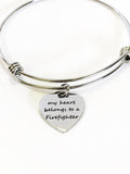 My Heart Belongs To A Firefighter Expanding Bangle Charm Bracelet, Stacking Bracelet, Stackable Bangle Gift For Her, Firefighter Wife Gift