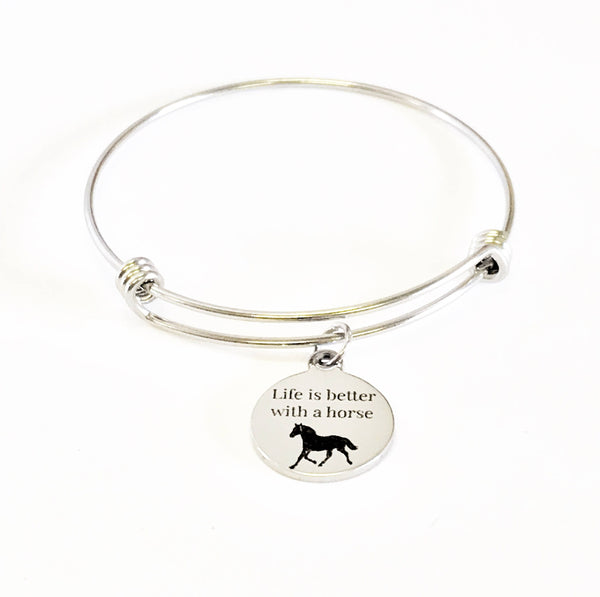 Life Is Better With A Horse Stacking Expanding Bangle Charm Bracelet, Horse Lover Bracelet Gift, Horse Lover Jewelry, Valentine Gift for Her