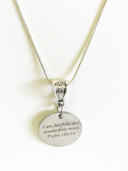 I Am Fearfully And Wonderfully Made Scripture Pendant on Silver Chain, Psalm 139:14 Bible Verse Encouragement Jewelry Gift For Her